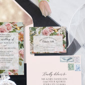 ヴィンテージフローラ赤面ピンクイエロー結婚バード 出欠カード