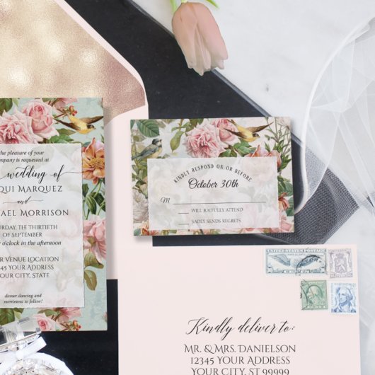 ヴィンテージフローラ赤面ピンクイエロー結婚バード 出欠カード