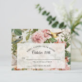 ヴィンテージフローラ赤面ピンクイエロー結婚バード 出欠カード (スタンド正面)