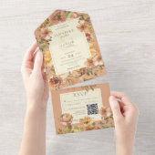 ヴィンテージフローラ赤面ピンク&錆QRコード オールインワン招待状 (貼ってはがせる)