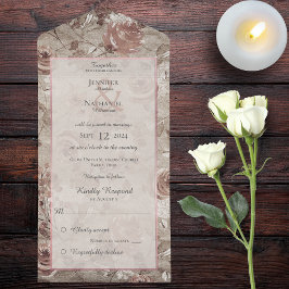 ヴィンテージフローラ赤面及びバラ金ゴールド オールインワン招待状