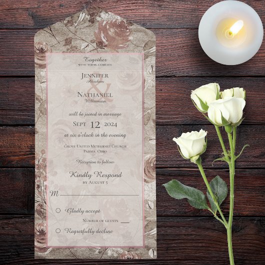 ヴィンテージフローラ赤面及びバラ金ゴールド オールインワン招待状