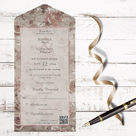 ヴィンテージフローラ赤面及びQRコード付きバラ金ゴールド オールインワン招待状