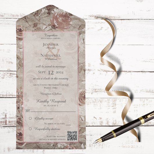 ヴィンテージフローラ赤面及びQRコード付きバラ金ゴールド オールインワン招待状