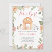 ヴィンテージフローラ農場動物少女の赤ちゃんシャワー 招待状 (正面)