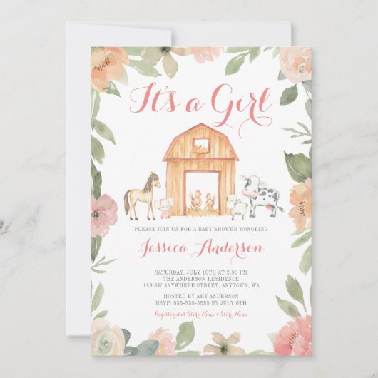 ヴィンテージフローラ農場動物少女の赤ちゃんシャワー 招待状 (正面)