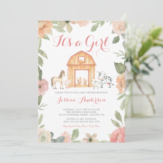 ヴィンテージフローラ農場動物少女の赤ちゃんシャワー 招待状 (スタンド正面)
