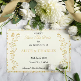 ヴィンテージフローラ金ゴールドとCream日付カードの保存 セーブザデート