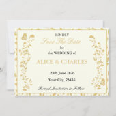 ヴィンテージフローラ金ゴールドとCream日付カードの保存 セーブザデート (正面)