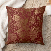 ヴィンテージフローラ金ゴールドオン暗赤色ペイズリーパターン クッション (ブランケット)
