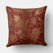 ヴィンテージフローラ金ゴールドオン暗赤色ペイズリーパターン クッション (裏面)
