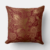 ヴィンテージフローラ金ゴールドオン暗赤色ペイズリーパターン クッション (正面)