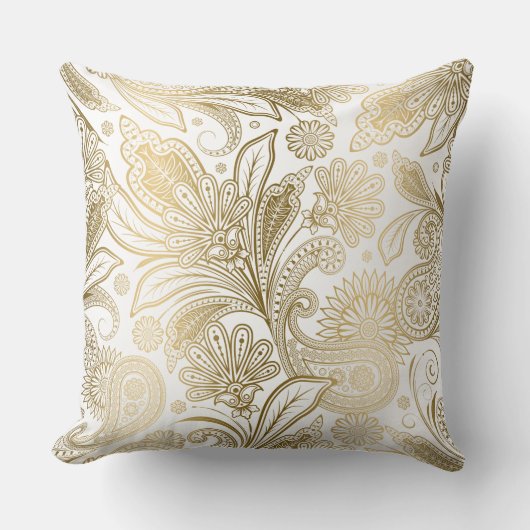 ヴィンテージフローラ金ゴールドオン白ペイズリーパターン クッション (正面)