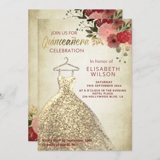 ヴィンテージフローラ金ゴールドシークンズドレスキンセアニラ 招待状 (正面/裏面)