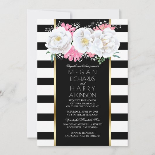 ヴィンテージフローラ金ゴールドホワイトブラック結婚ズ 招待状 (正面)