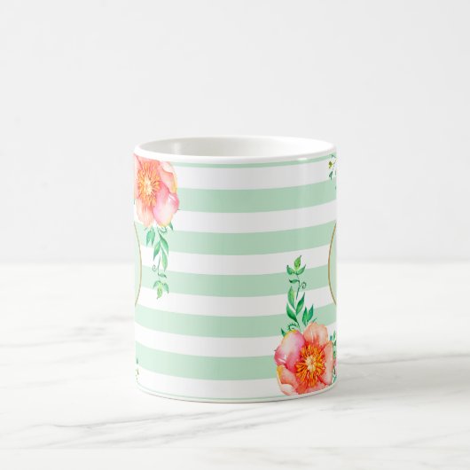 ヴィンテージフローラ金ゴールドモノグラムミントホワイトストライプの コーヒーマグカップ (中央)