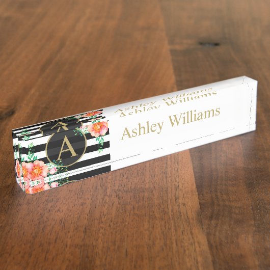 ヴィンテージフローラ金ゴールドモノグラム白黒ストライプ デスクネームプレート (側面)