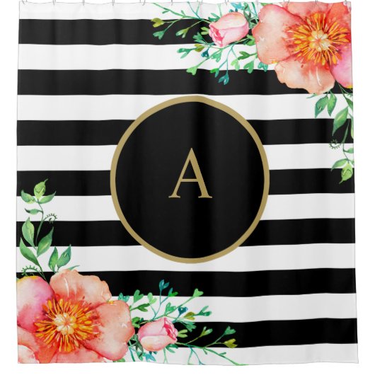 ヴィンテージフローラ金ゴールドモノグラム白黒 ストライプの シャワーカーテン (正面)