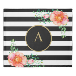 ヴィンテージフローラ金ゴールドモノグラム白黒 ストライプの 掛け布団カバー