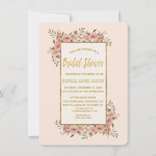 ヴィンテージフローラ金箔フレームブライダルシャワー 招待状 (正面)