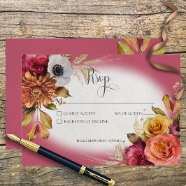 ヴィンテージフローラ錆と明るい赤紫色応答カード 出欠カード