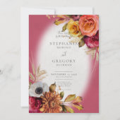 ヴィンテージフローラ錆と明るい赤紫色結婚式招待状 招待状 (正面)