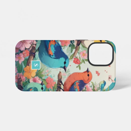 ヴィンテージフローラ鳥類の植物模様モノグラム iPhoneケース (裏面横)