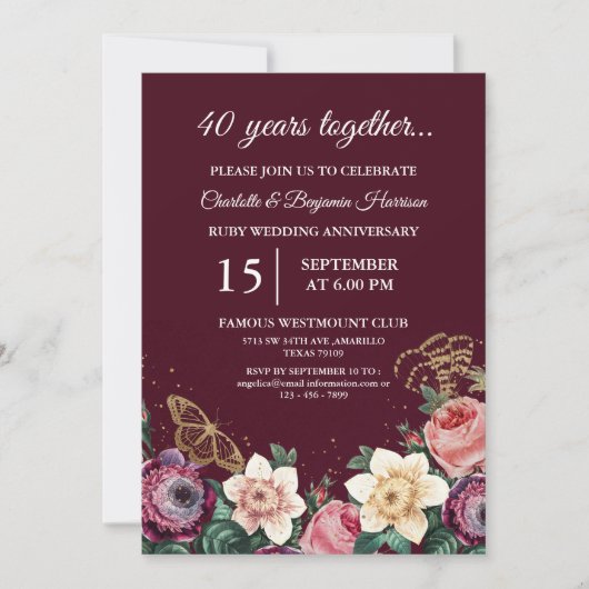 ヴィンテージフローラ40th Ruby結婚の記念日 招待状 (正面)