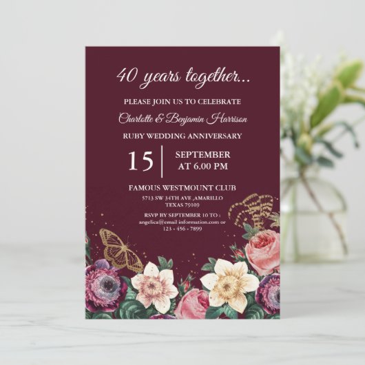 ヴィンテージフローラ40th Ruby結婚の記念日 招待状 (スタンド正面)