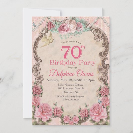 ヴィンテージフローラ70番目の誕生日招待状 招待状 (正面)