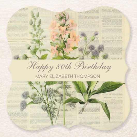 ヴィンテージフローラ80誕生日 ペーパーコースター (正面)
