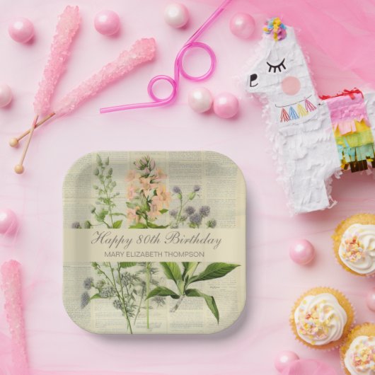 ヴィンテージフローラ80誕生日 ペーパープレート (パーティー)