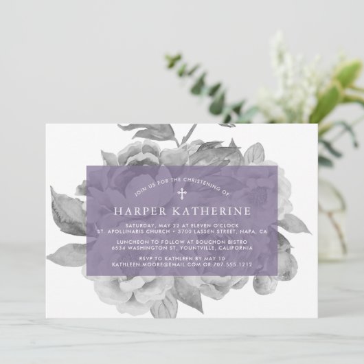 ヴィンテージフローラ《キリスト教》洗礼式や命名式招待状 |バイオレット 招待状 (スタンド正面)