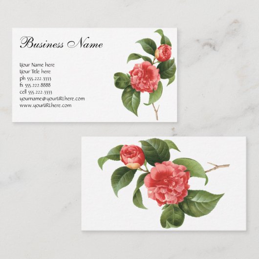 ヴィンテージフローラ、ピンクカメリアフラワーズバイルドゥート 名刺 (正面/裏面)