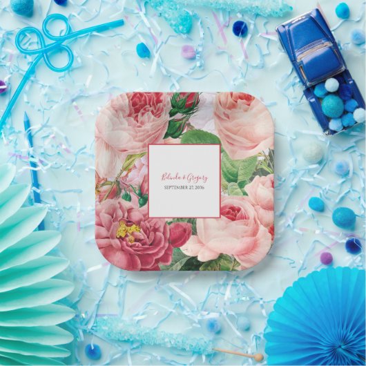 ヴィンテージフローラ&ボタニカルピンクローズ結婚ズ ペーパープレート (パーティー)