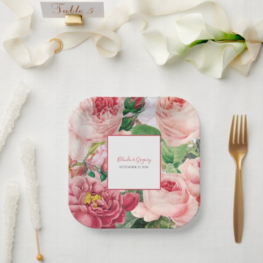 ヴィンテージフローラ&ボタニカルピンクローズ結婚ズ ペーパープレート (ウェディング)