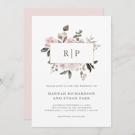 ヴィンテージフローラ | 赤面水彩モノグラム結婚ズ 招待状 (正面/裏面)