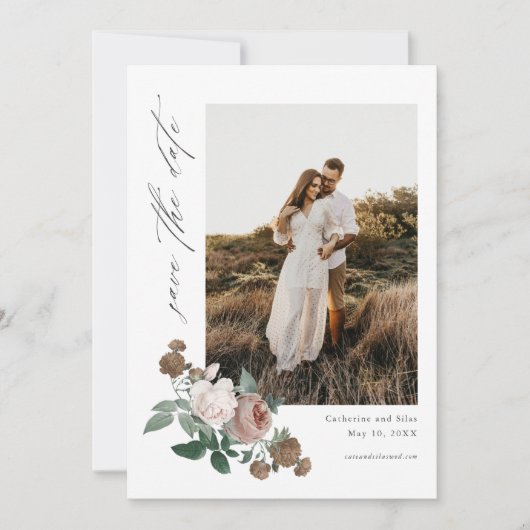 ヴィンテージフローラBohoフォトウェディング日付を保存 招待状 (正面)