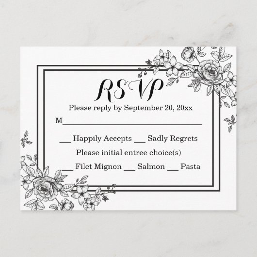 ヴィンテージフローラRSVP白黒ウェディングパーティー インビテーションポストカード (正面)