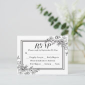 ヴィンテージフローラRSVP白黒ウェディングパーティー インビテーションポストカード (スタンド正面)