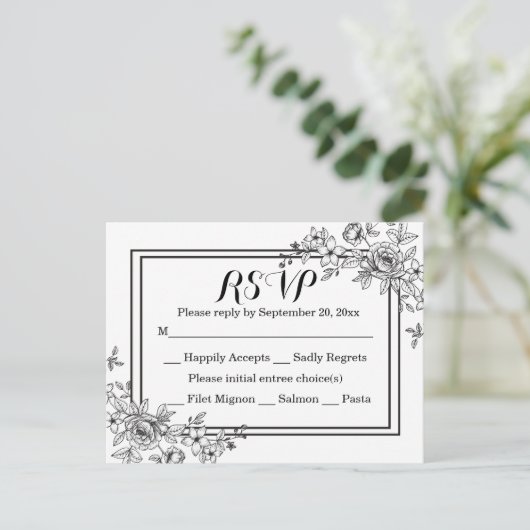 ヴィンテージフローラRSVP白黒ウェディングパーティー インビテーションポストカード (スタンド正面)