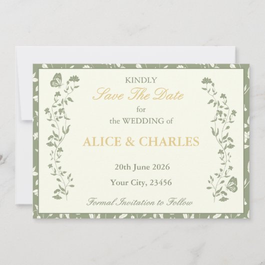 ヴィンテージフローラSage Ggreen日付カードの保存 セーブザデート (正面)