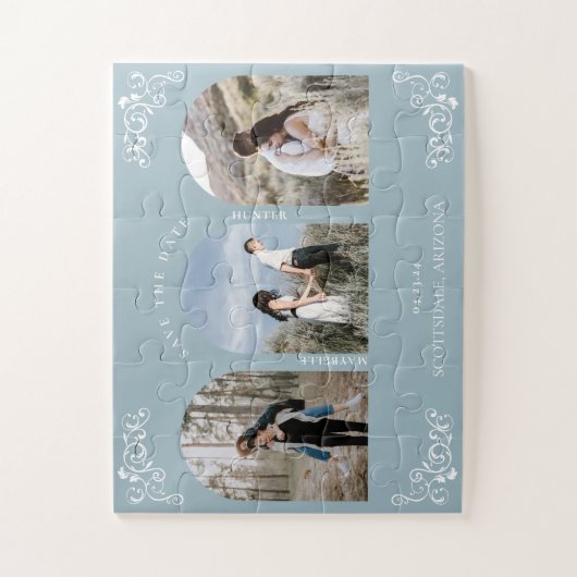 ヴィンテージフローリッシュスクロールブルーフォトデートを保存 ジグソーパズル (縦)