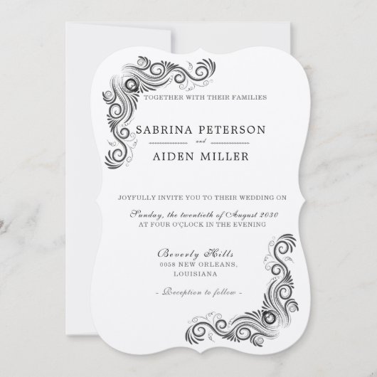 ヴィンテージフローリッシュブラックモノグラム結婚写真 招待状 (正面)