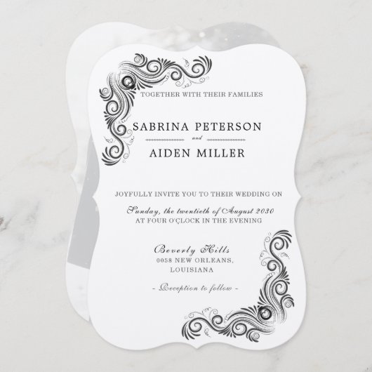 ヴィンテージフローリッシュブラックモノグラム結婚写真 招待状 (正面/裏面)