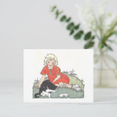 ヴィンテージブックイラストレーションガール猫 ポストカード (スタンド正面)