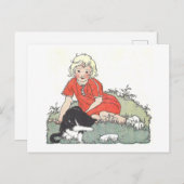 ヴィンテージブックイラストレーションガール猫 ポストカード (正面/裏面)