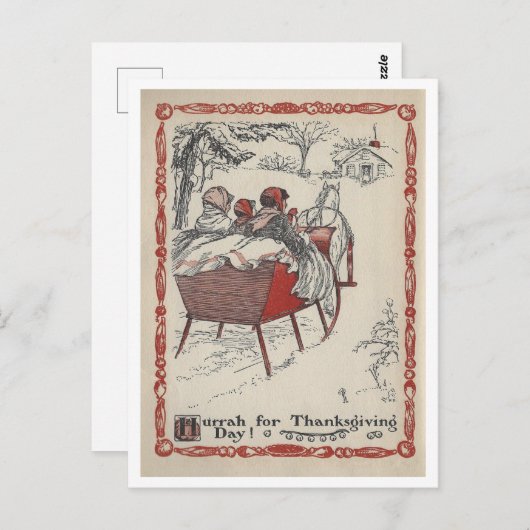 ヴィンテージブックイラストレーション感謝祭そりライド ポストカード (正面/裏面)