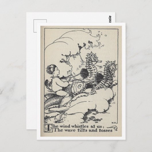 ヴィンテージブックイラストレーション魚船乗馬付き ポストカード (正面/裏面)