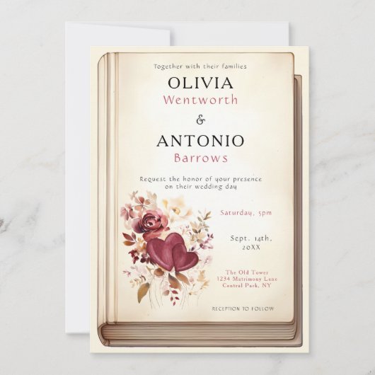 ヴィンテージブックカバーエレガントロマン結婚ティック 招待状 (正面)